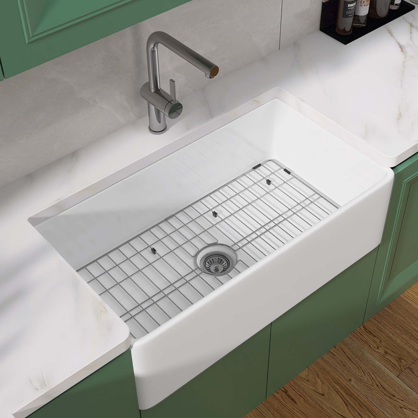 36 Inch Glossy White Fireclay Farmhouse Kitchen Sink with Bottom Grid and Drain