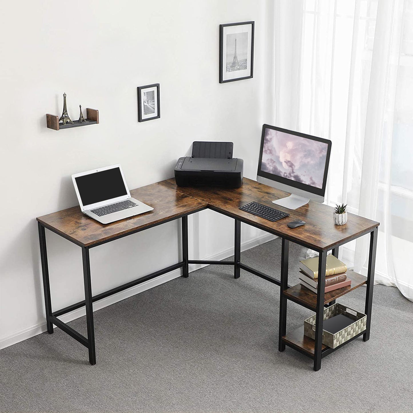 L-Shaped Oak and Iron Computer Desk with 2 Shelves, Walnut and Charcoal Gray