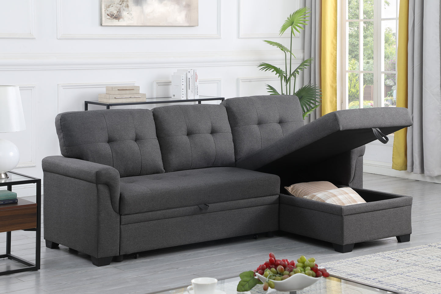 Lucca Dark Gray Linen Sectional Sofa with Reversible Sleeper Chaise and Storage