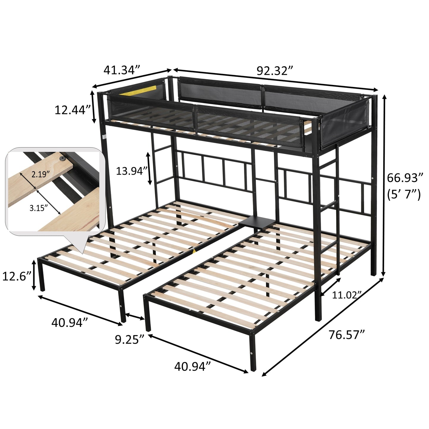 Metal Triple Twin Bunk Bed with Silent Wood Slats and Textilene Guardrails