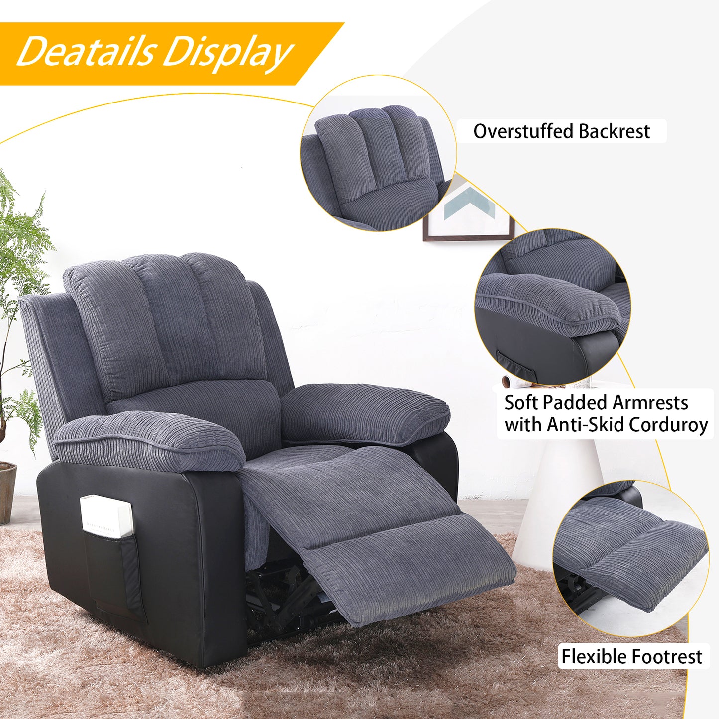 Corduroy + PU material thickened with side pockets armrests ergonomic power sofa chair with 8-point massage heating function