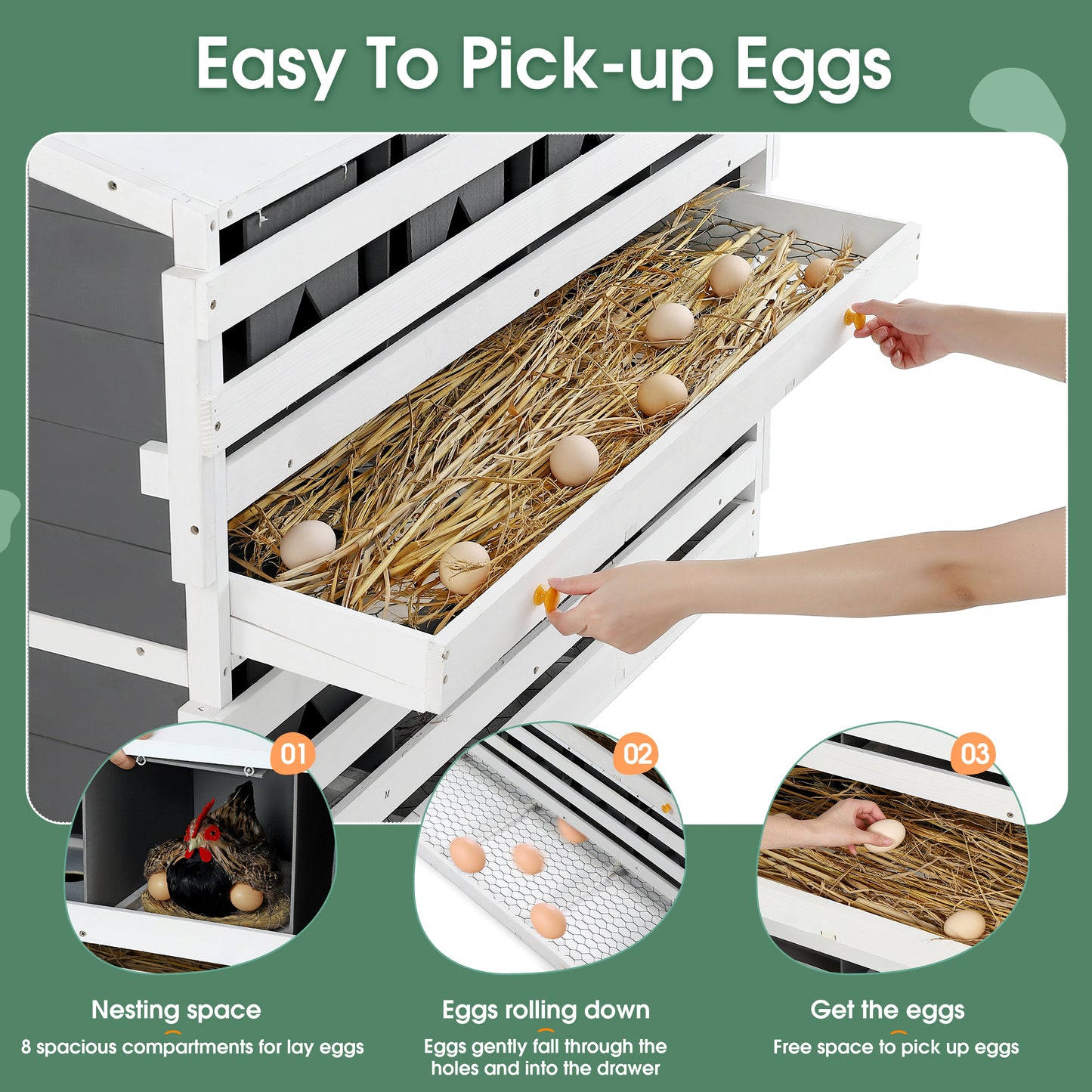 Wooden Chicken Nesting Box for Laying Eggs,Solid Pine Wood 8 Compartments Egg Laying Boxes for Hens with 2 Roll Out Egg Collection Drawers and 4 Vented Holes,2 Foldable Perches,47"Lx26.4"Wx35.4"H-Gray