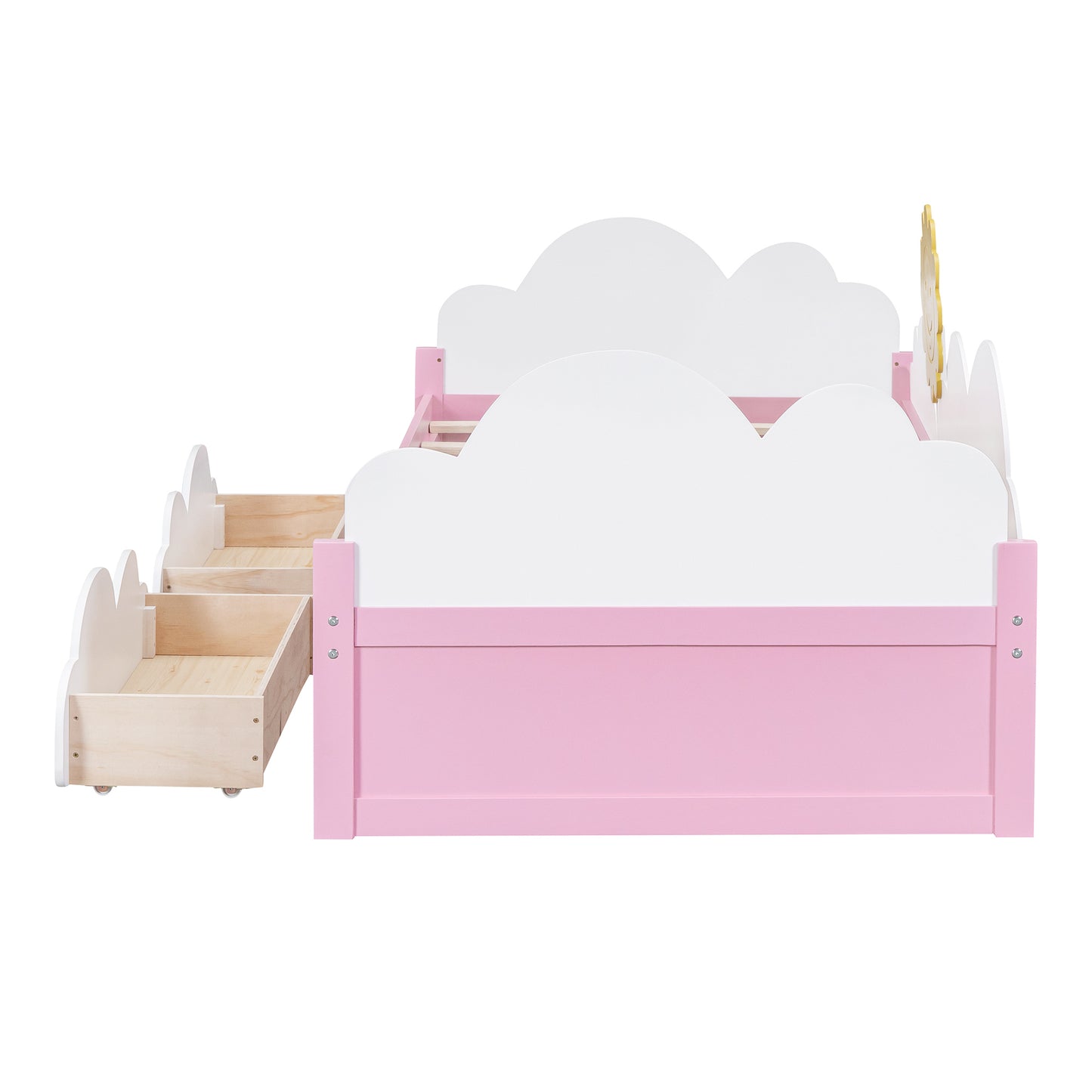 Twin Size Bed with Clouds and Sun Decor, Platform Bed with 2 Drawers (White+Pink)