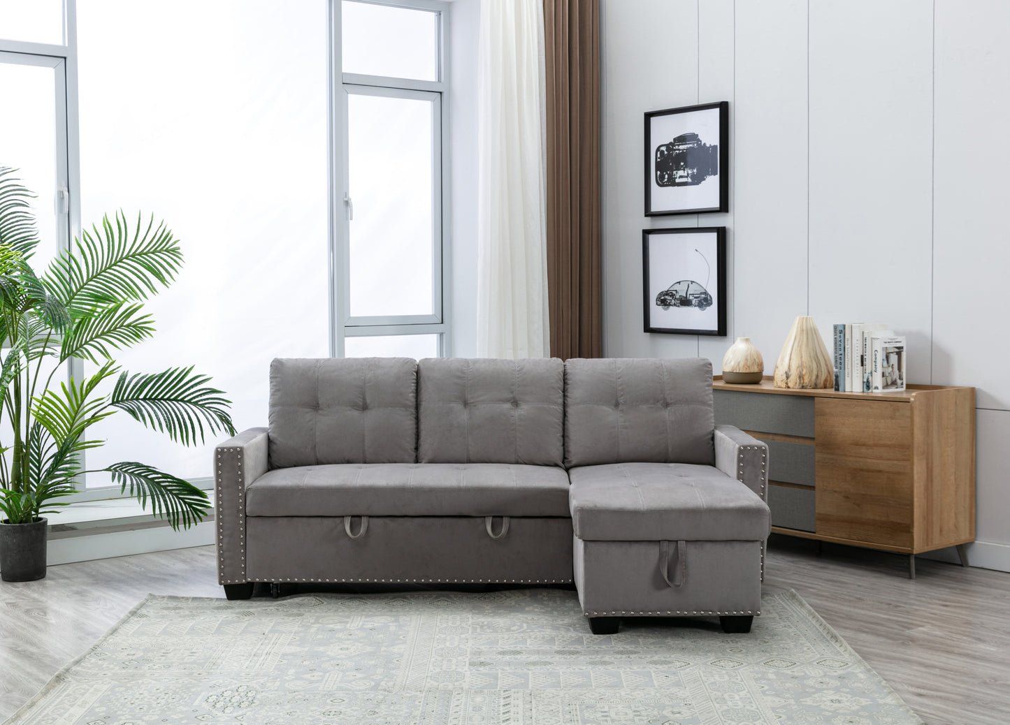 77 Inch Light Grey Reversible Sectional Sleeper Sofa Bed with Storage Chaise