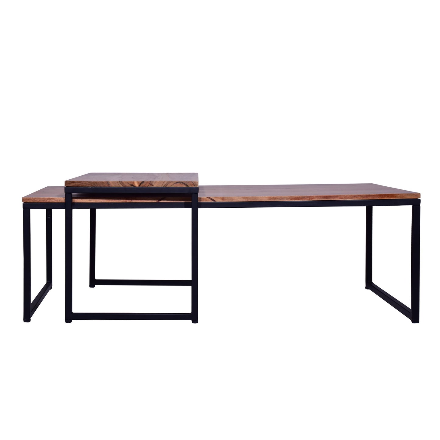 Brown and Black 2-Piece Rectangular Wood Nesting Coffee and End Table Set with Sled Metal Base