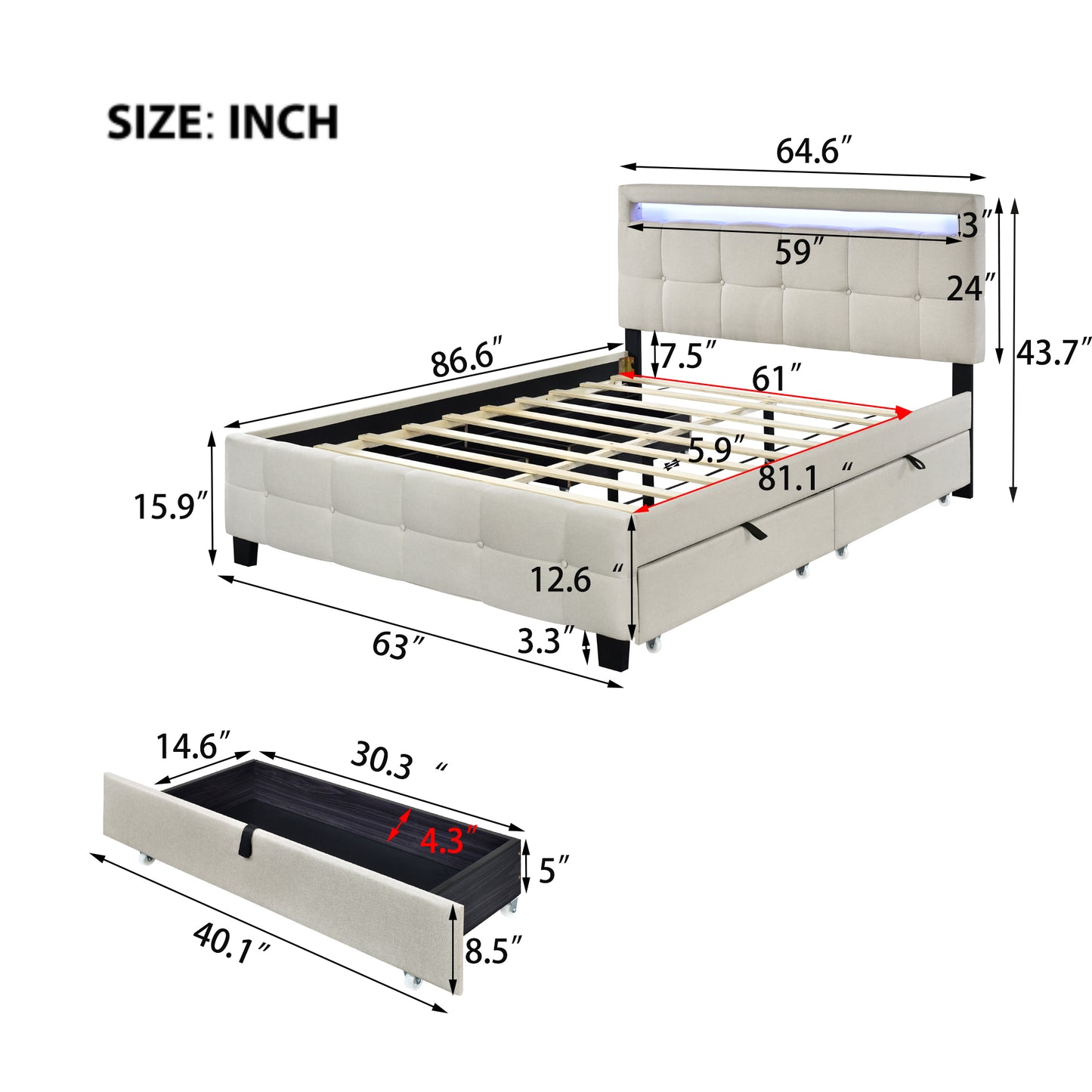 Queen Size Upholstered Platform Bed with LED Frame and 4 Drawers, Linen Fabric, Beige