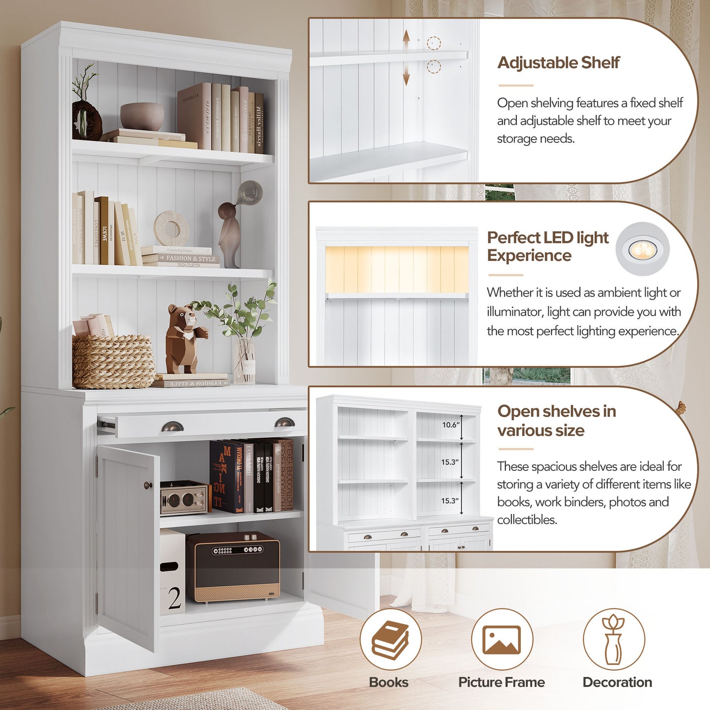 83.4 Tall 2-Piece White Bookshelf & Writing Desk Set with LED Lighting, Storage Drawers, and Doors