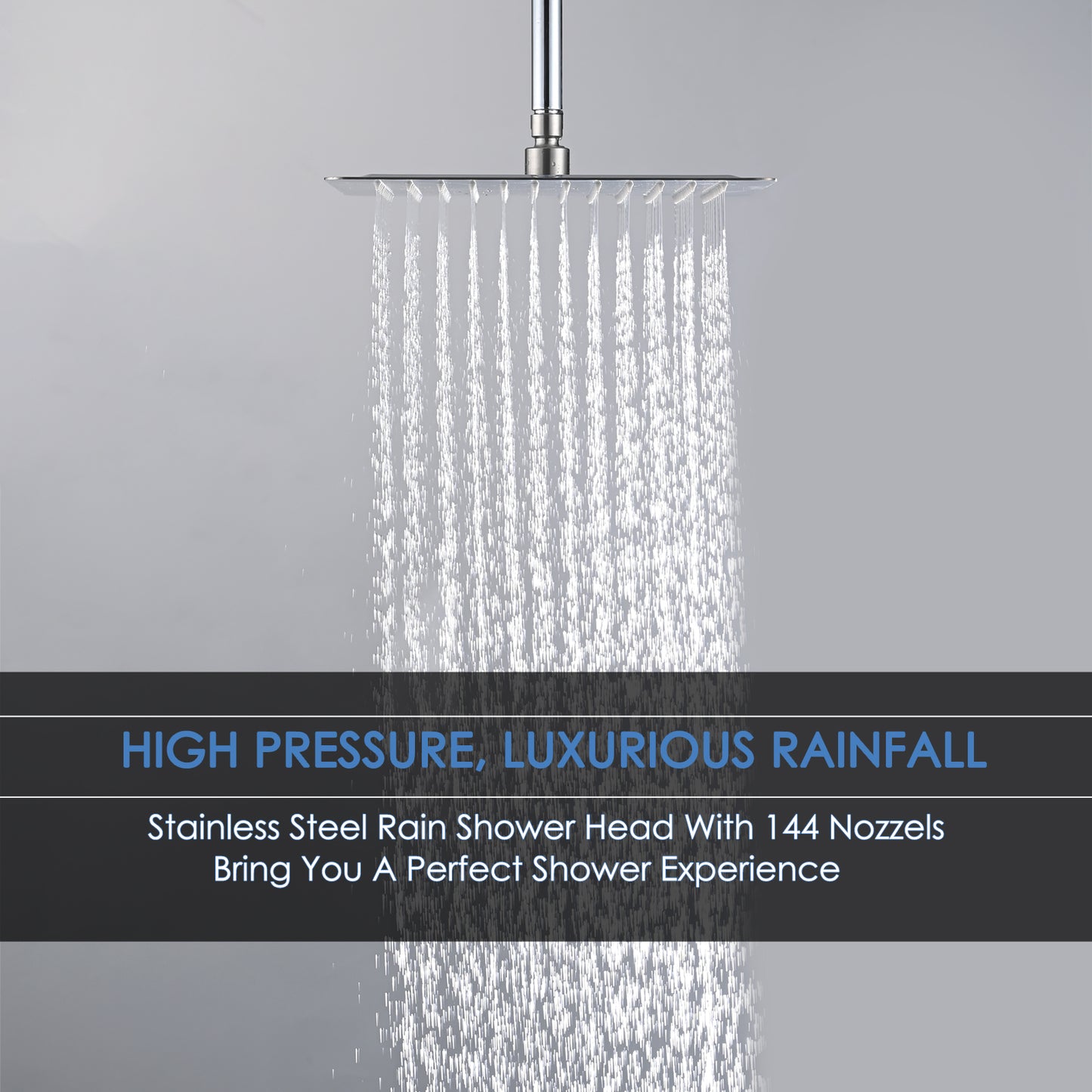 Square Stainless Steel Rainfall Showerhead with Self-Cleaning Nozzle and High Pressure Waterfall Effect