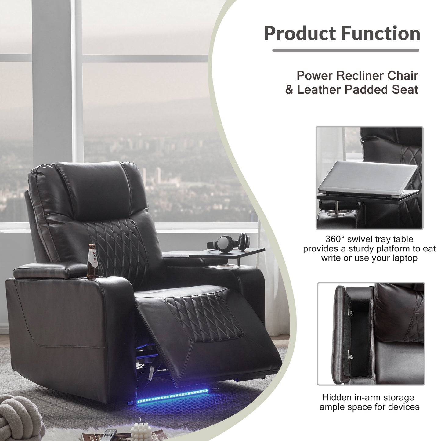 Electric Black Leather Recliner with USB Charger, Swivel Tray, and Hidden Storage