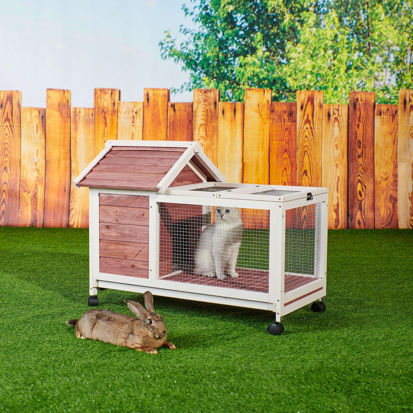 Wooden Rabbit Hutch 40.7" L x 23.4" W x 30" H, Bunny Cage with 4 Wheels, Auburn