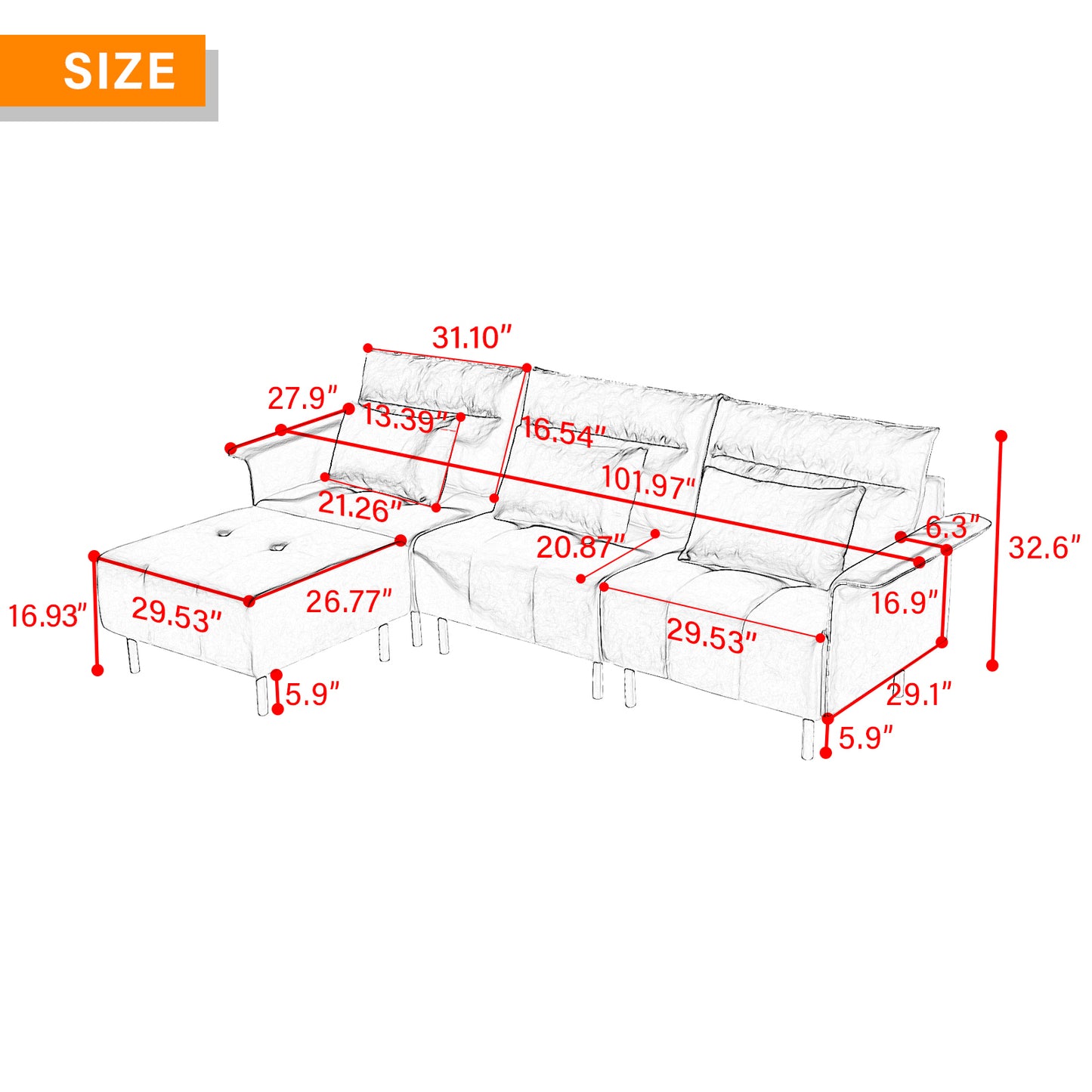 L-Shaped Sectional Sofa with Removeable Ottoman and 3 Pillows-LIGHT GREY