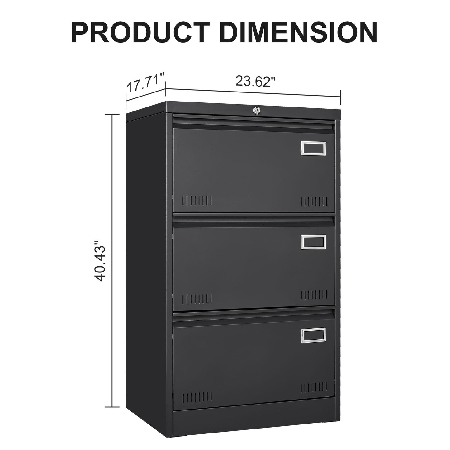 3-Drawer Black Metal Lateral File Cabinet with Lock for Home Office