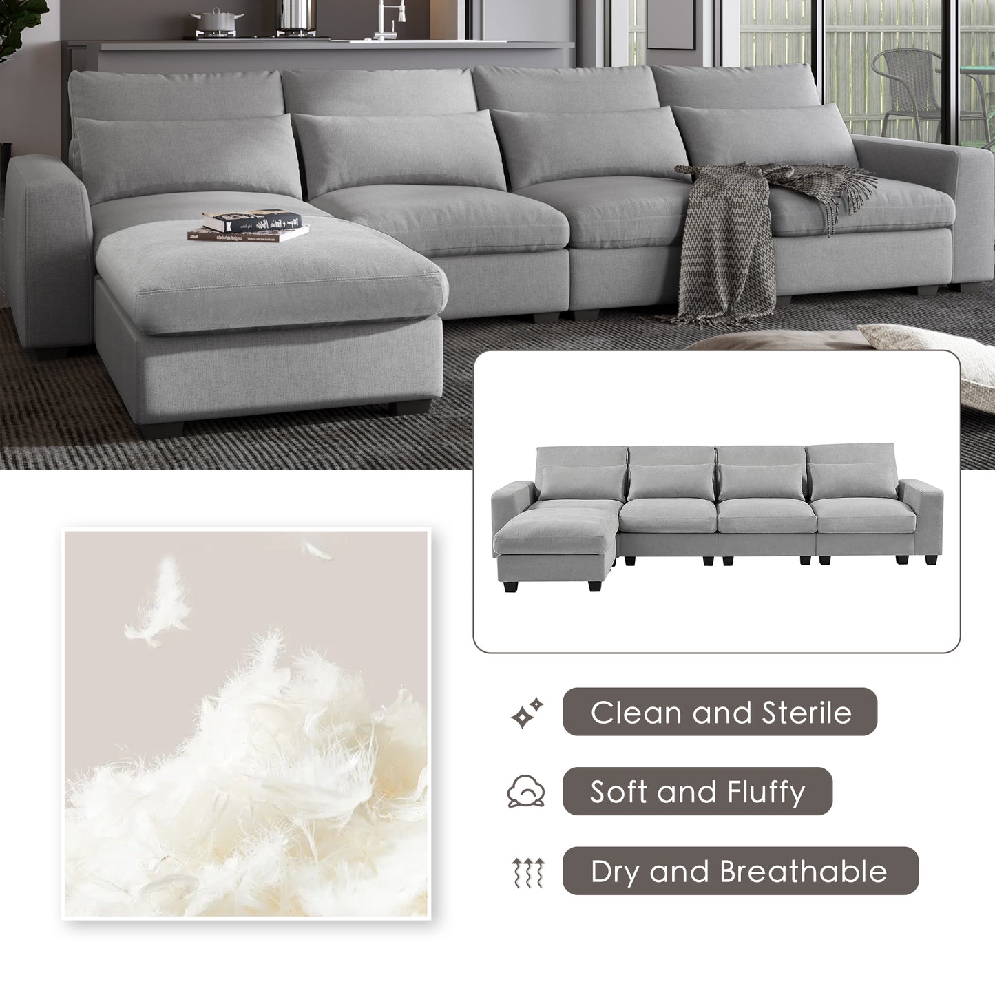 U_Style Modern Large L-Shape Feather Filled Sectional Sofa,  Convertible Sofa Couch with Reversible Chaise for Living Room