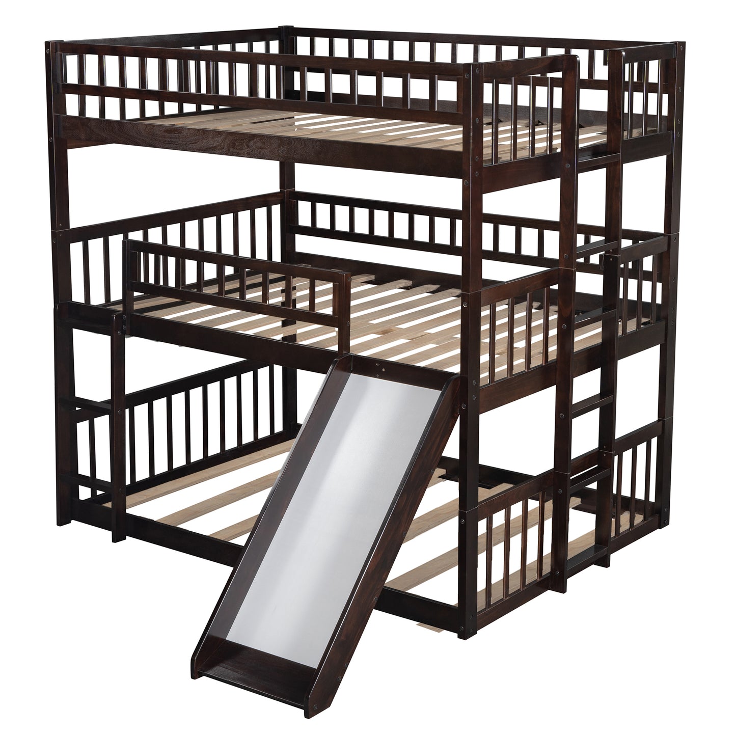 Espresso Full Triple Bunk Bed with Slide and Convertible Built-in Ladder