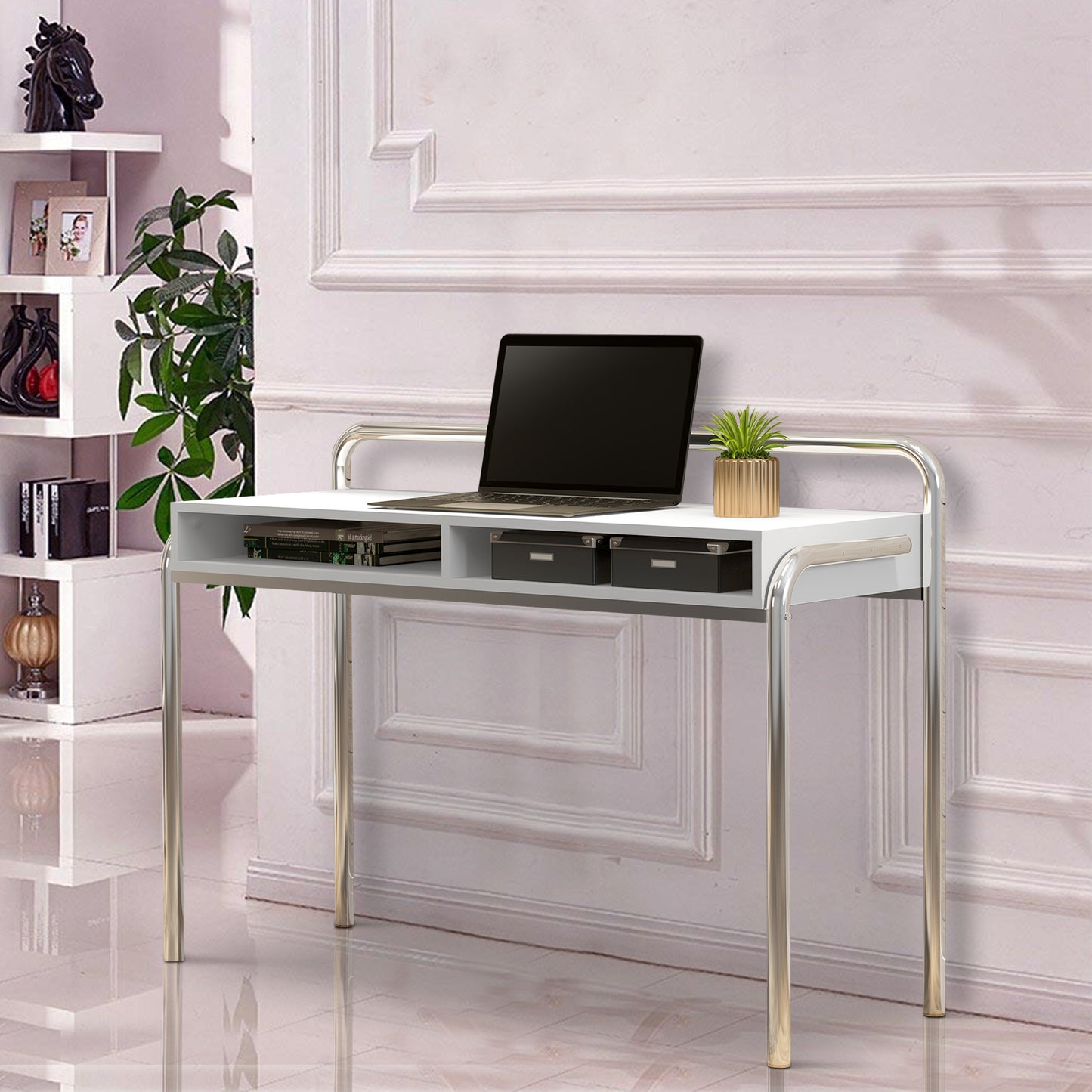 Sleek White Desk with Chrome Accents and Storage Compartments