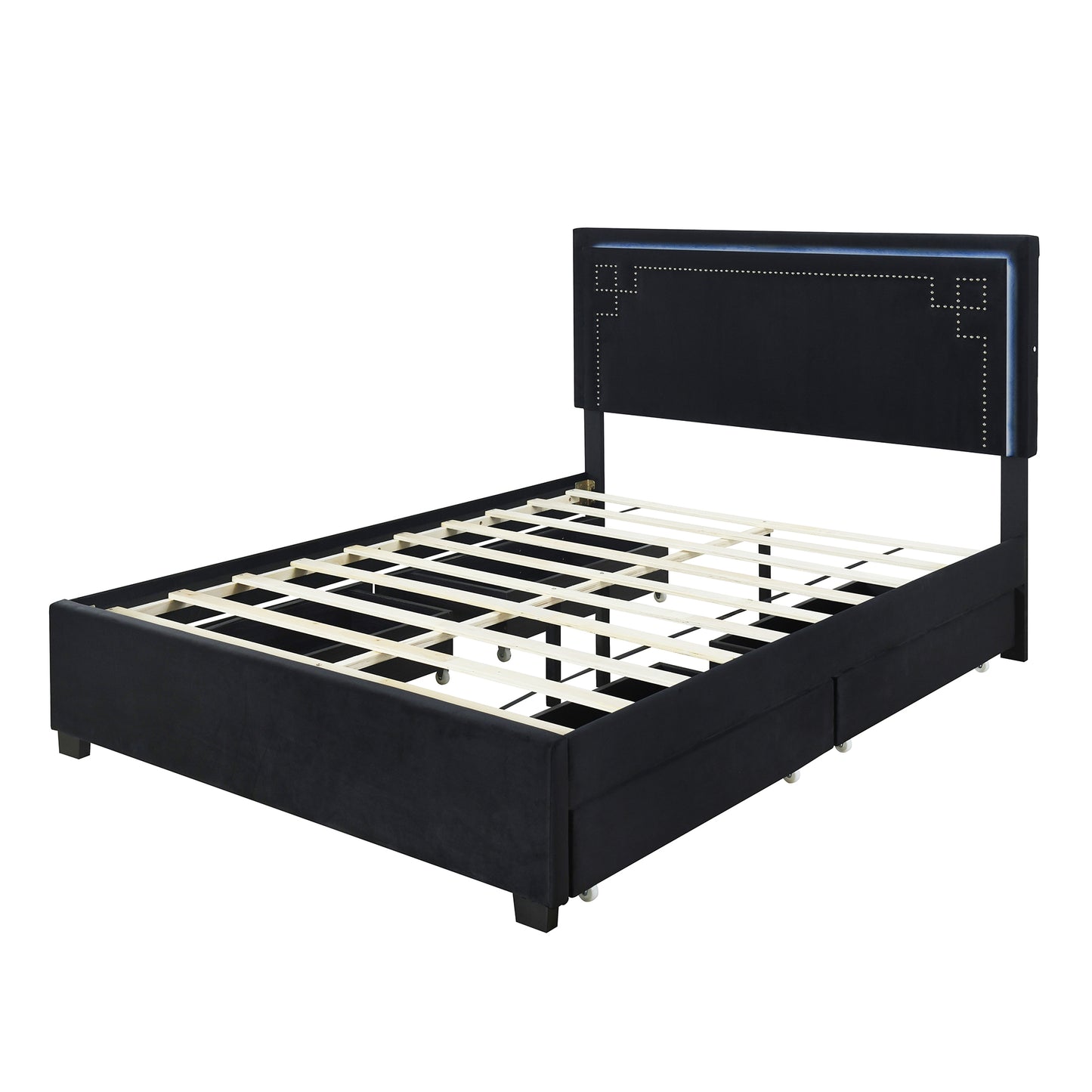 Queen Size Upholstered Platform Bed with Rivet-decorated Headboard, LED bed frame and 4 Drawers, Black