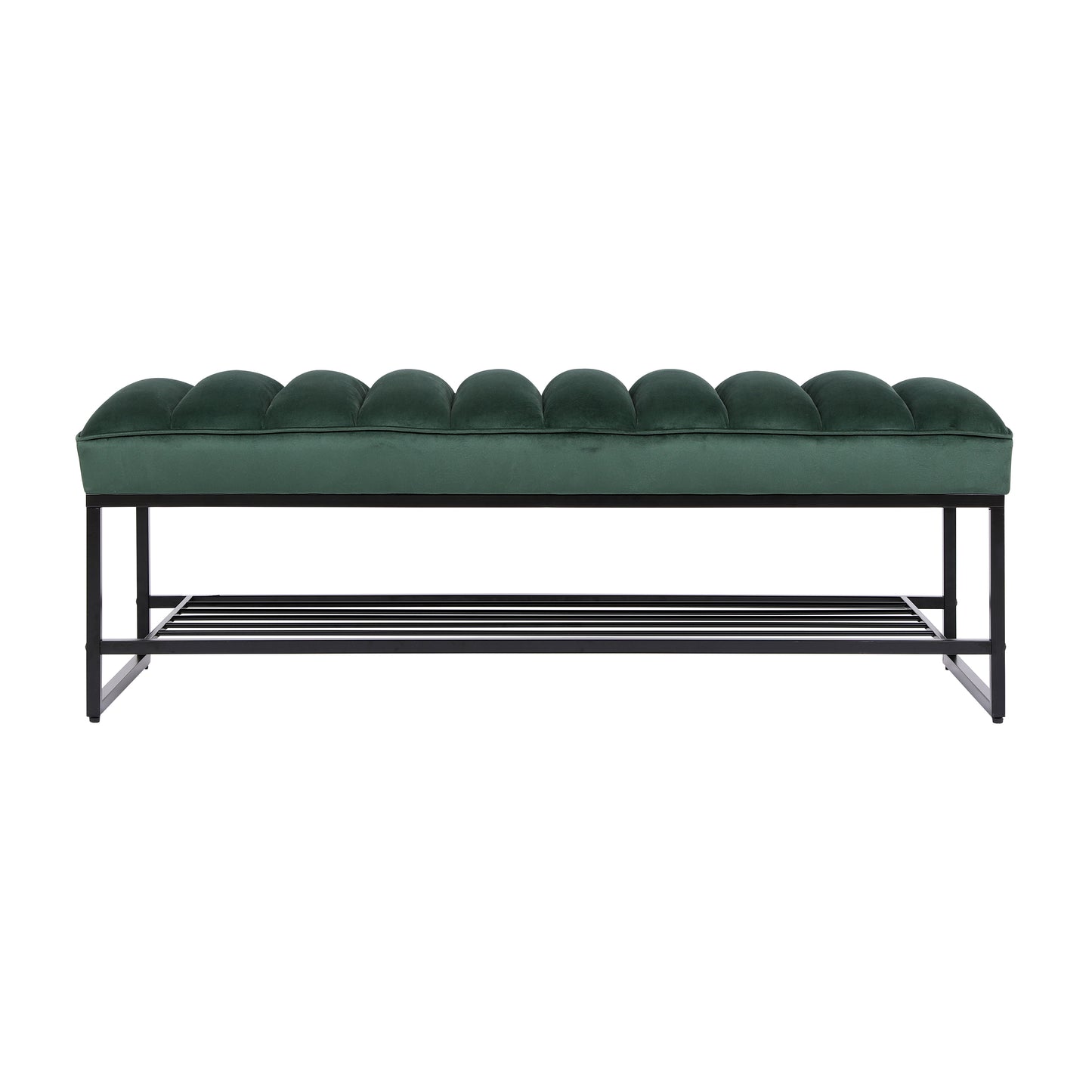 Green Velvet Channel Tufted Ottoman Bench Accent Upholstered Bendroom End of Bed Bench with Storage Shelf (Green)