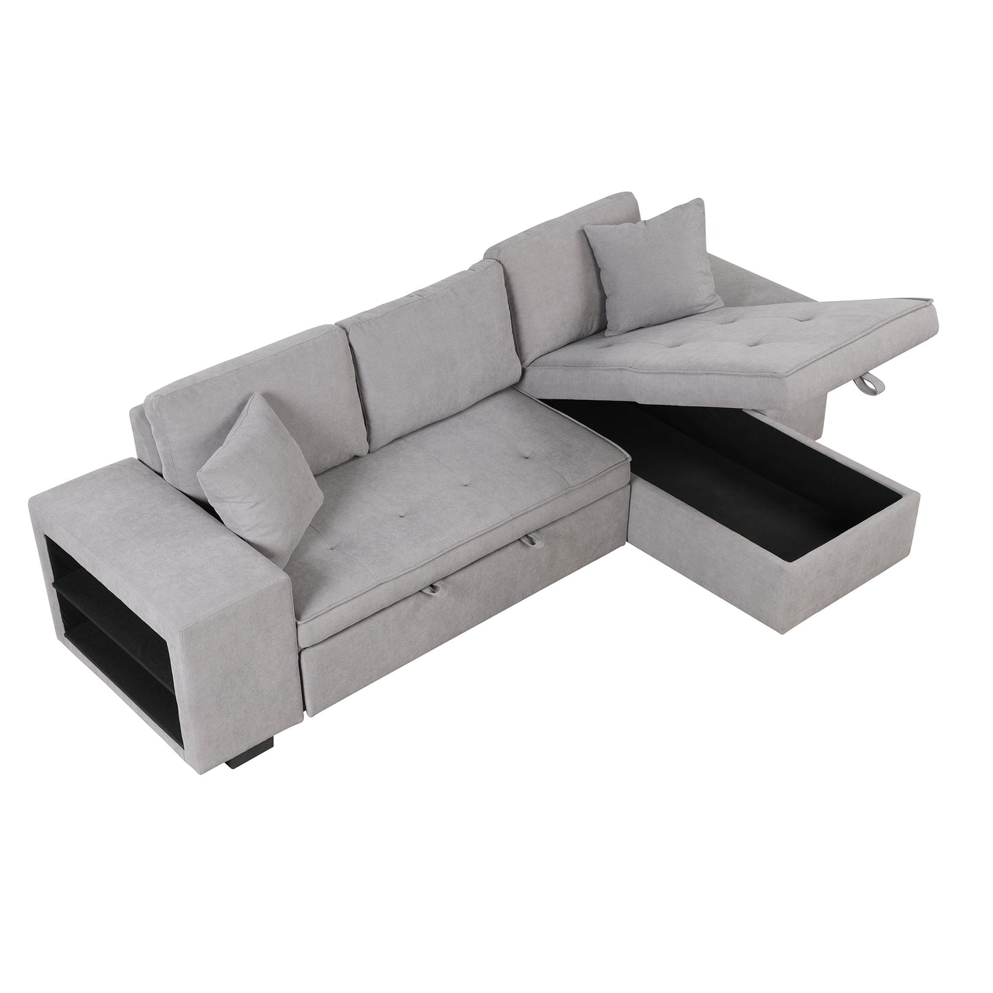 Gray L-Shape Sleeper Sectional Sofa with Storage Chaise and 2 Stools