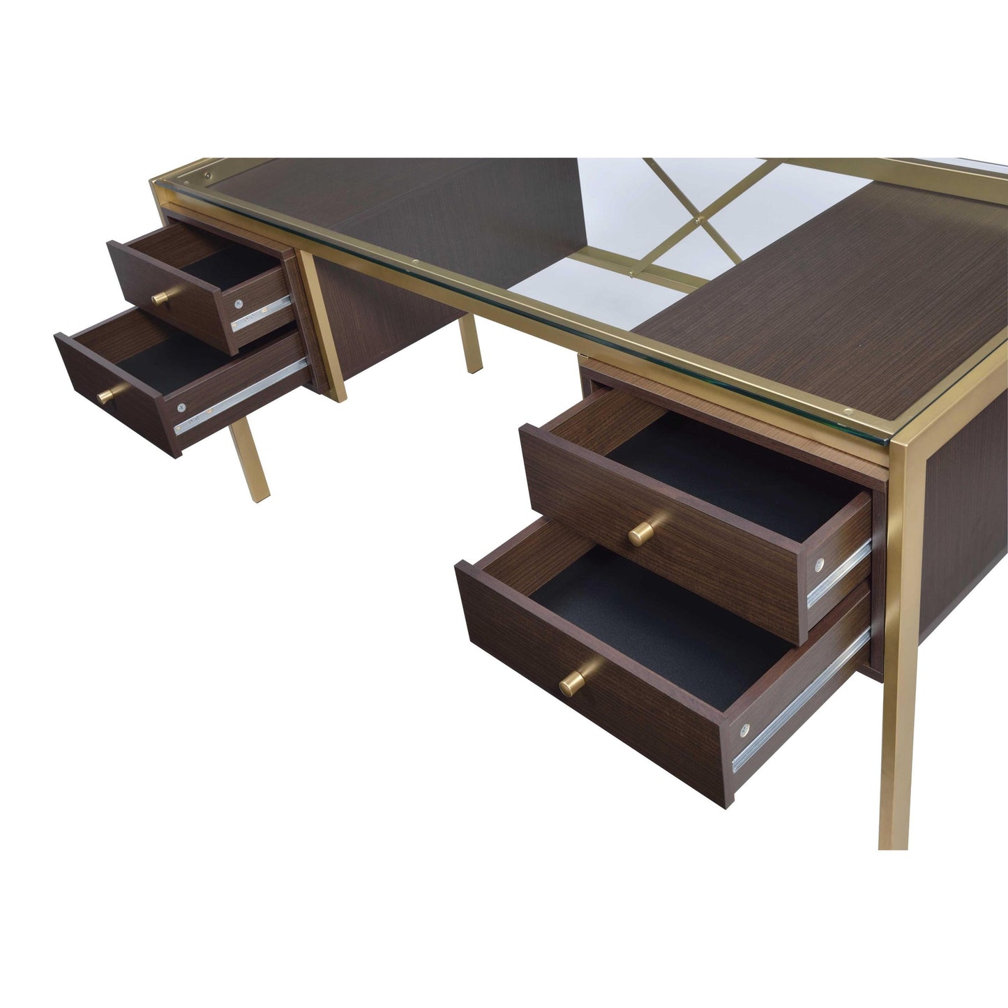 Sophisticated Gold and Clear Glass Writing Desk with Wooden Drawers and Industrial Touch