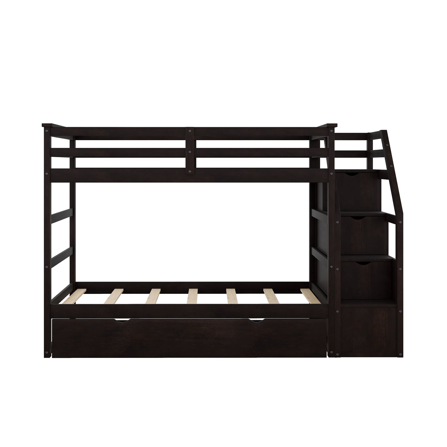 Elegantly Functional Espresso Twin Bunk Bed with Trundle, Stairs, and Storage