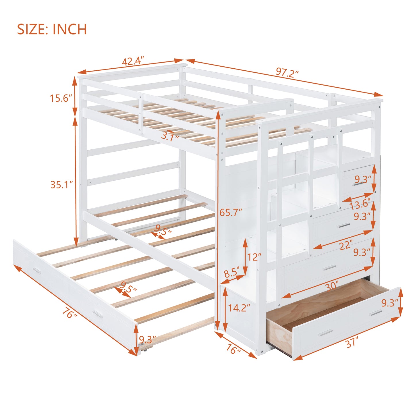 White Twin Over Twin Bunk Bed with Trundle, Staircase, and Storage Drawers