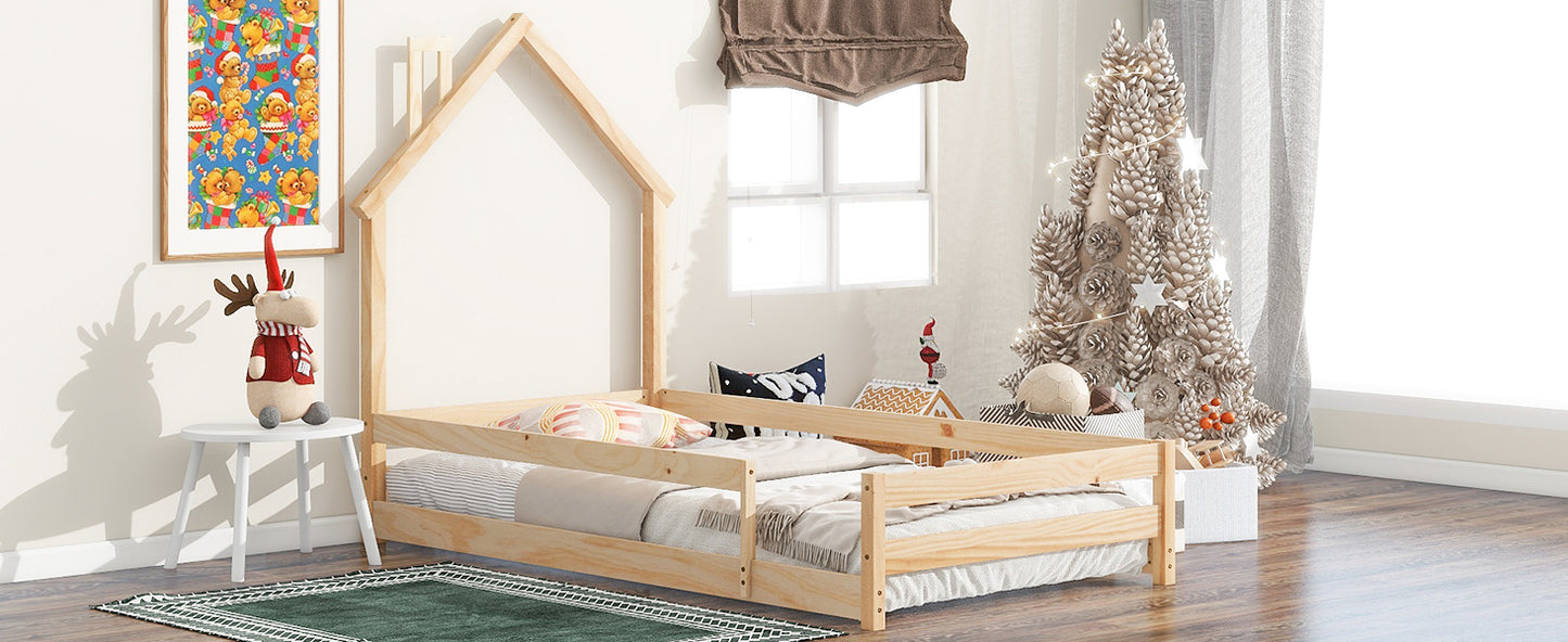 Twin Size Wood bed with House-shaped Headboard Floor bed with Fences,Natural