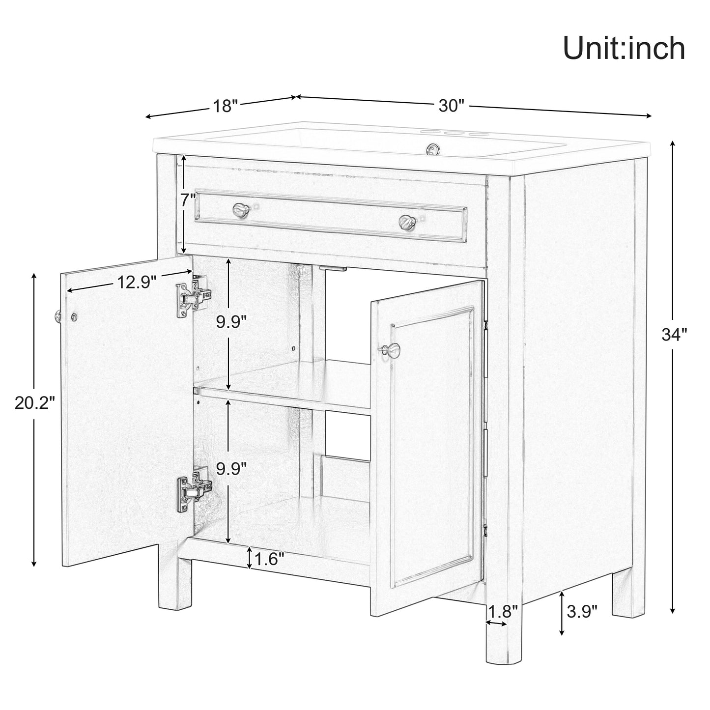 30" Bathroom Vanity Cabinet with Sink Top, Bathroom Storage Cabinet with Two Doors and Adjustable Shelf, Blue