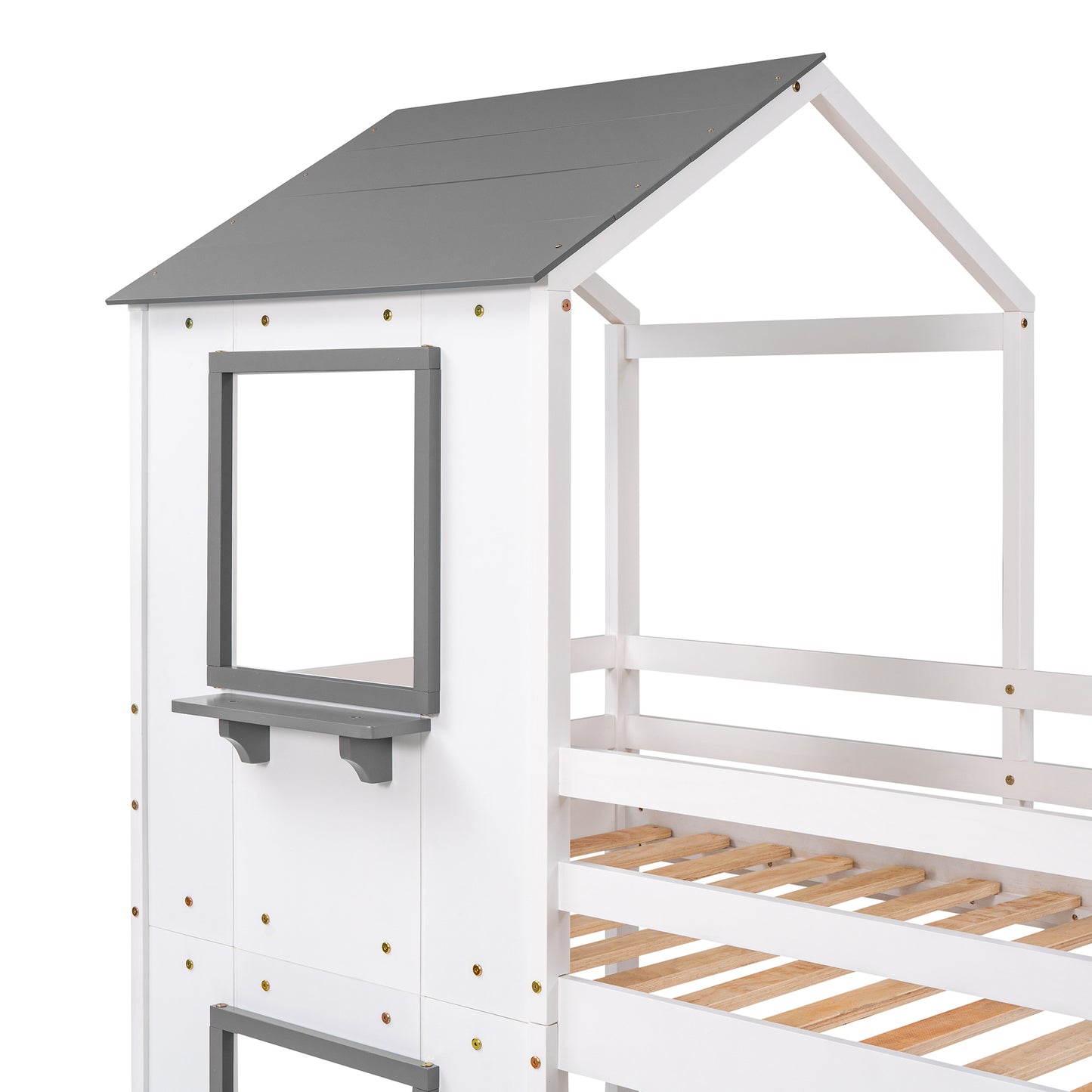 White Wooden Playhouse Bunk Bed with Roof and Guardrail