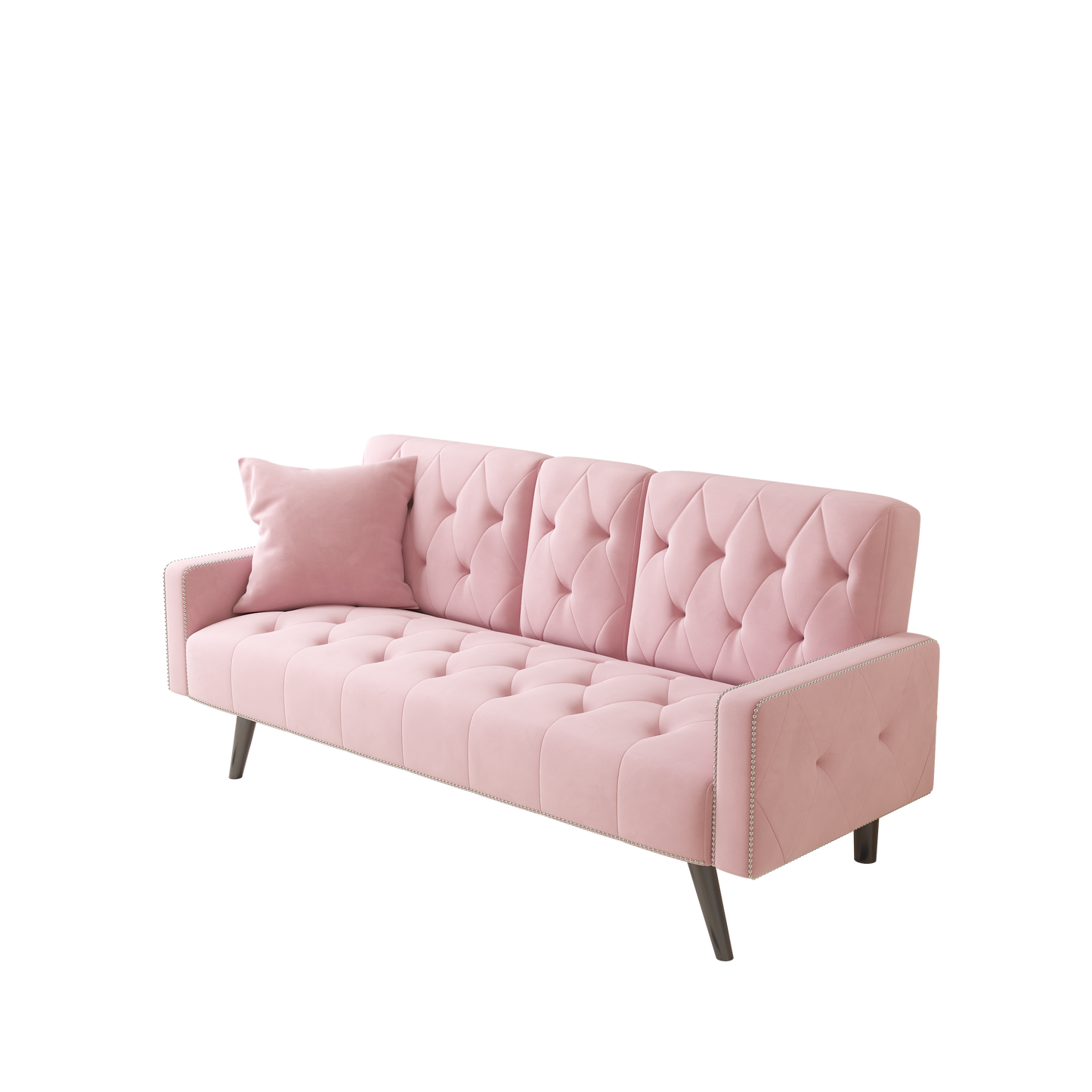 72 Pink Velvet Sofa Bed with Nail Head Trim and Two Cup Holders for Small Spaces