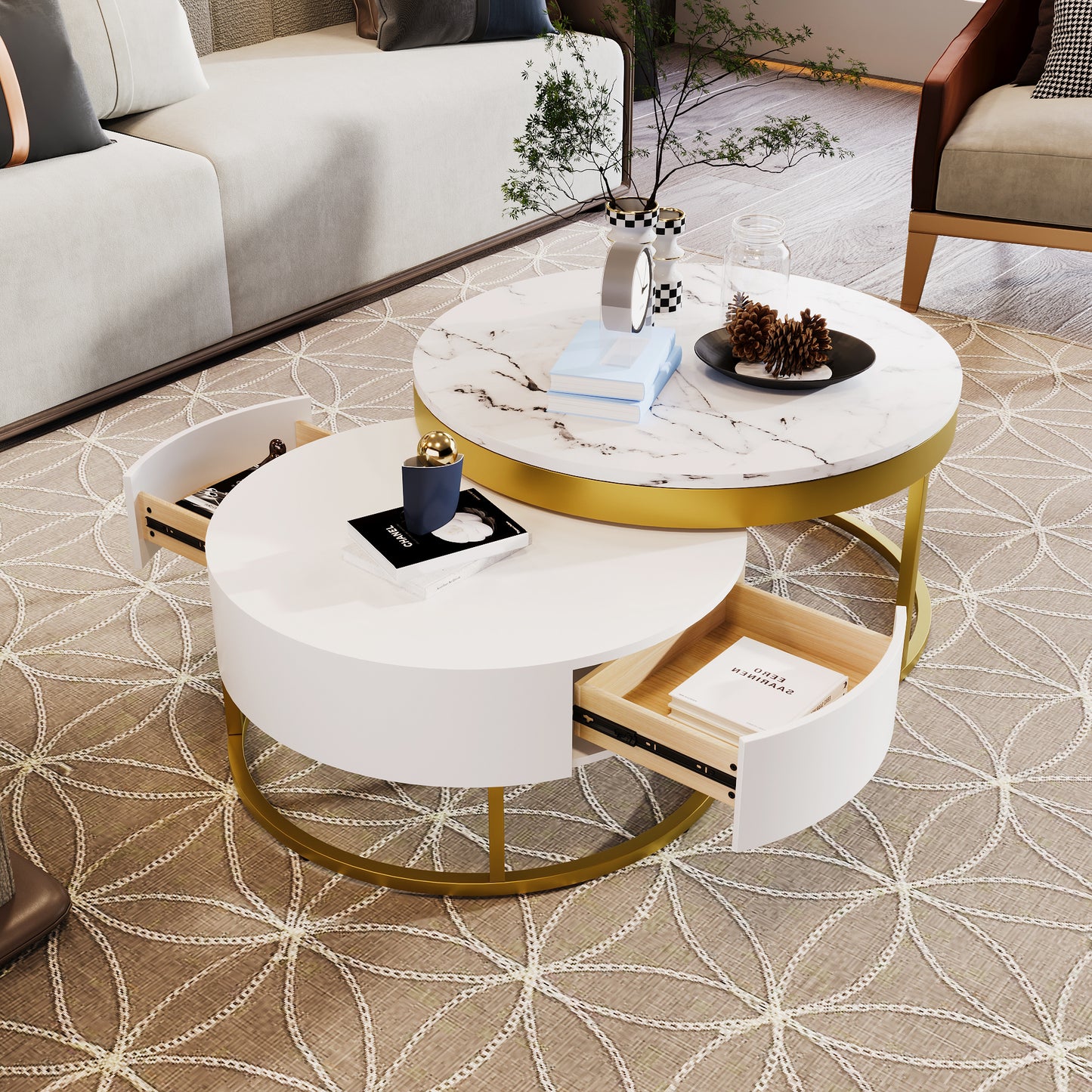 Contemporary White and Gold Nesting Coffee Table with Storage Drawers