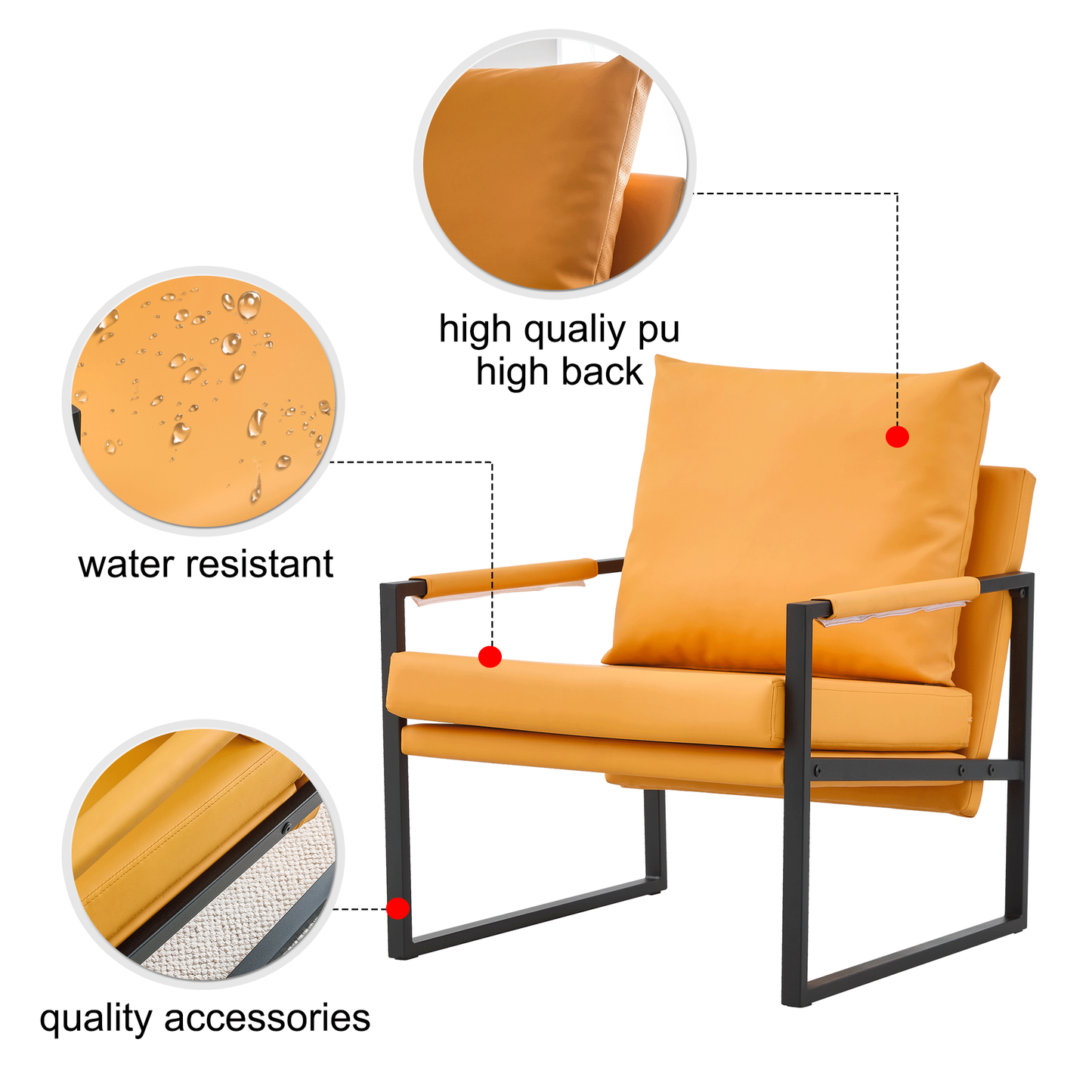 PU leather armchair, medieval metal frame cushion backrest  living room sofa chair (orange PU leather+metal frame+foam+2 pieces) SF-008