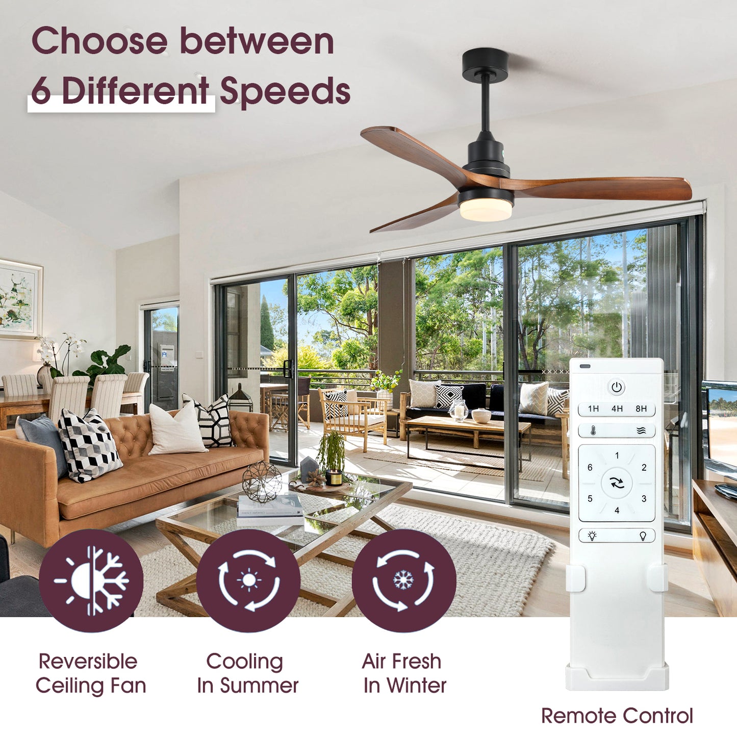 52-Inch Modern Ceiling Fan with Light and Remote - Energy-Efficient Reversible DC Motor