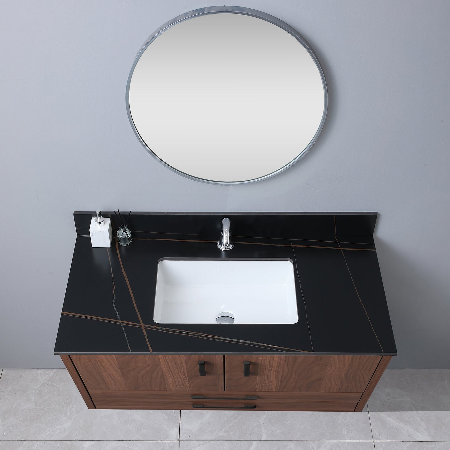 Montary 43inch bathroom stone vanity top black gold color with undermount ceramic sink and  single  faucet hole with backsplash