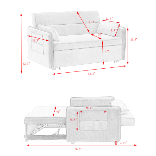 Sofa Pull Out Bed Included Two Pillows 54" Green Velvet Sofa for Small Spaces