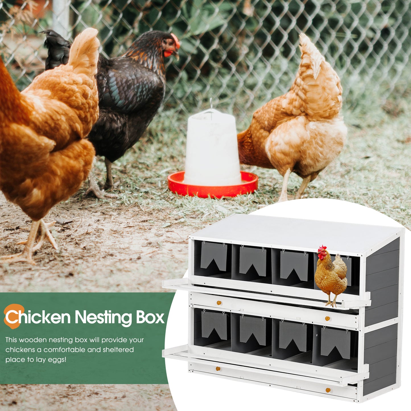 Wooden Chicken Nesting Box for Laying Eggs,Solid Pine Wood 8 Compartments Egg Laying Boxes for Hens with 2 Roll Out Egg Collection Drawers and 4 Vented Holes,2 Foldable Perches,47"Lx26.4"Wx35.4"H-Gray