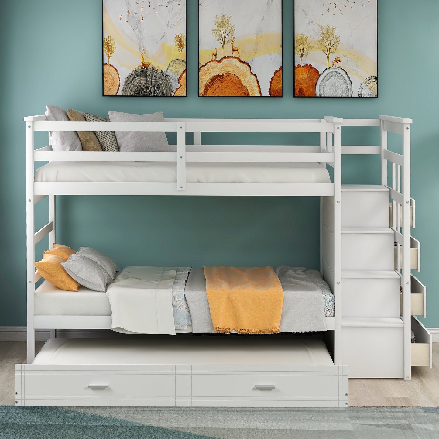 White Solid Wood Twin Bunk Bed with Trundle and Staircase