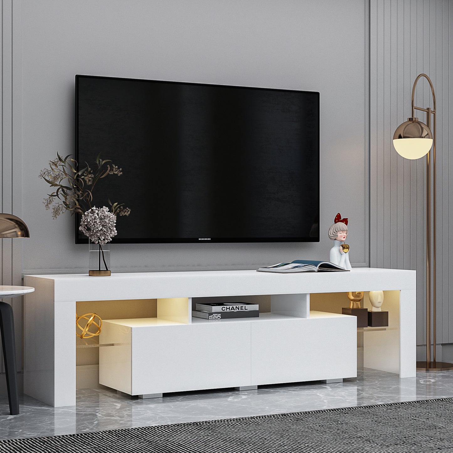 LED TV Stand with Remote Controlled Lights in Modern White, 20 Color Options