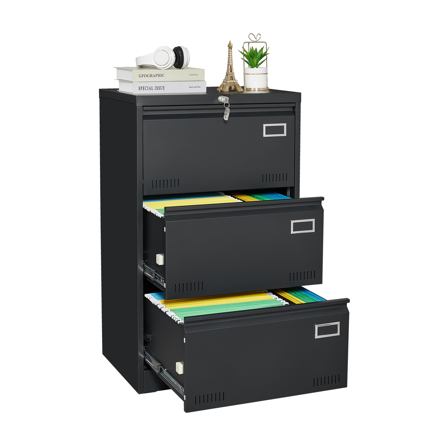 3-Drawer Black Metal Lateral File Cabinet with Lock for Home Office