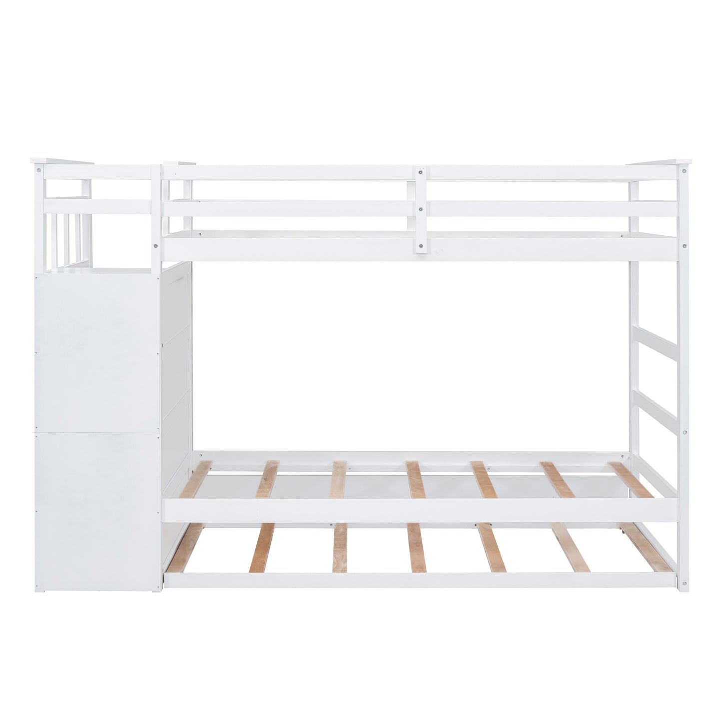 White Twin Over Twin Bunk Bed with Trundle, Staircase, and Storage Drawers