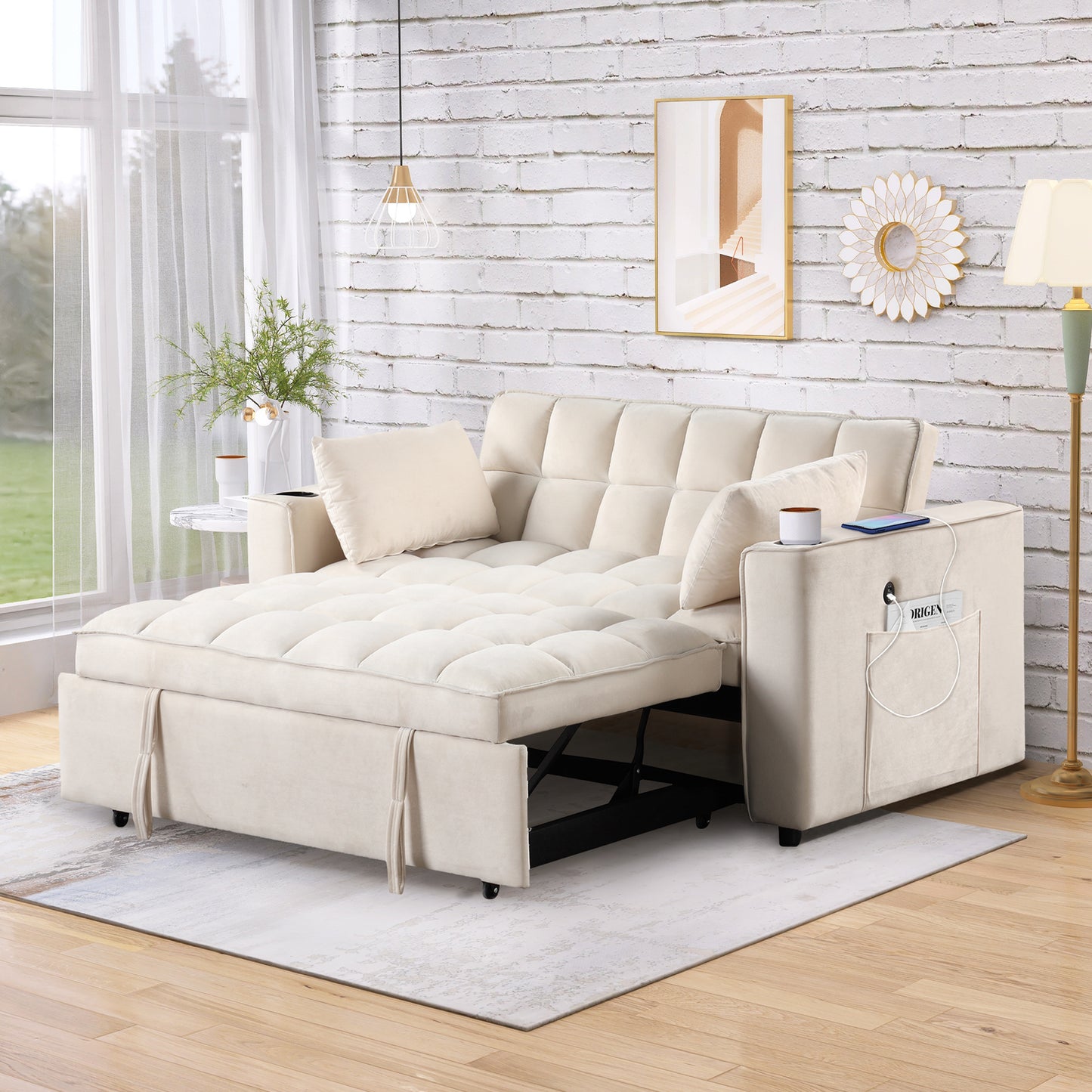 55.3 Multi-functional Sofa Bed with Cup Holder and USB Port for Living Room in Milky White