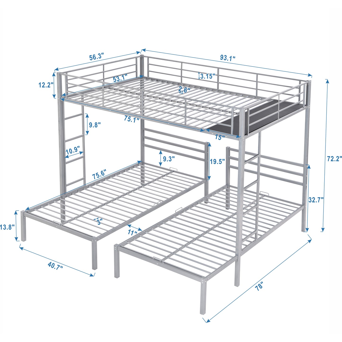 Space-Saving Silver Metal Triple Bunk Bed with Storage Shelf - Full over Twin & Twin Size