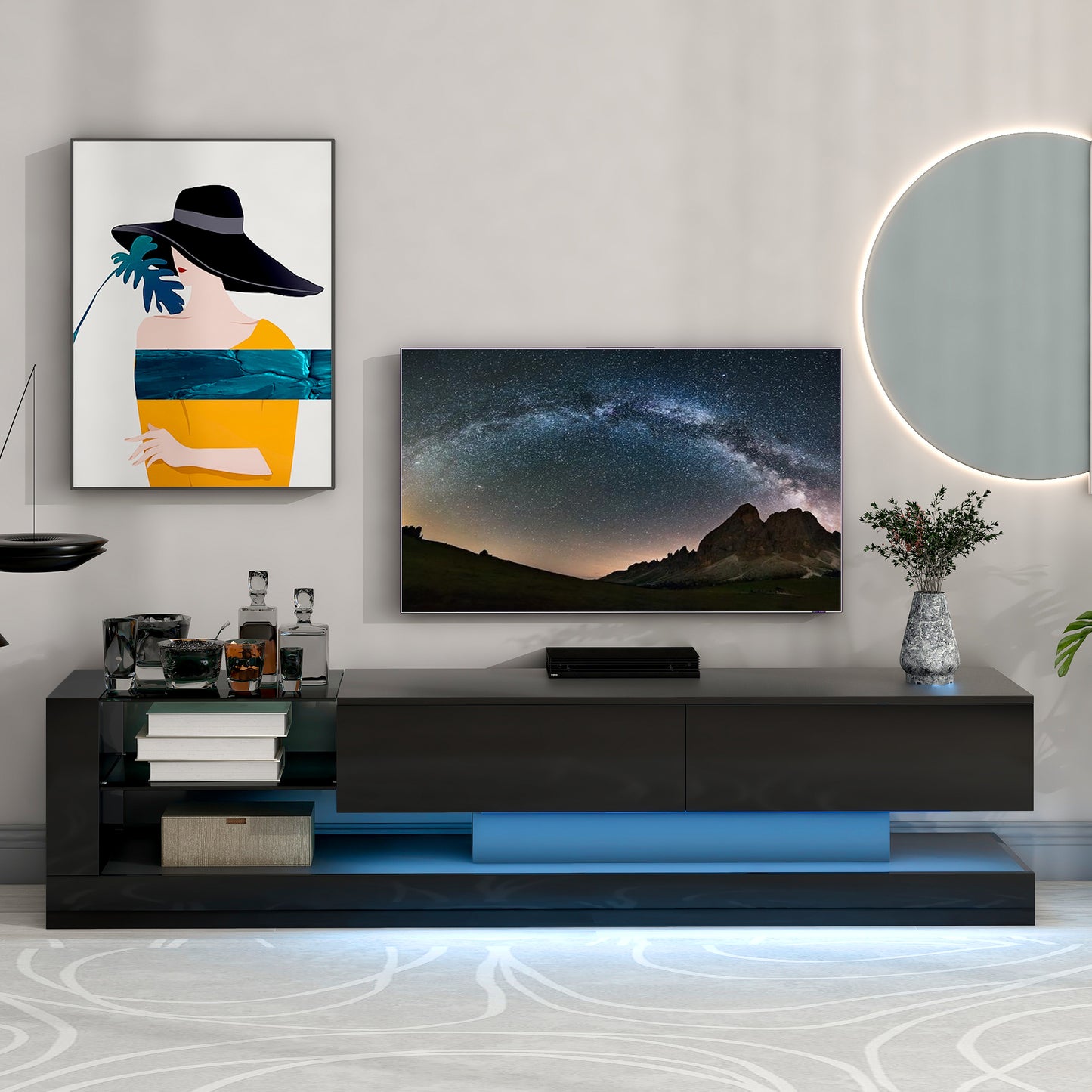 Sleek Black TV Stand with Multi-Colored RGB LED Lighting and Spacious Storage