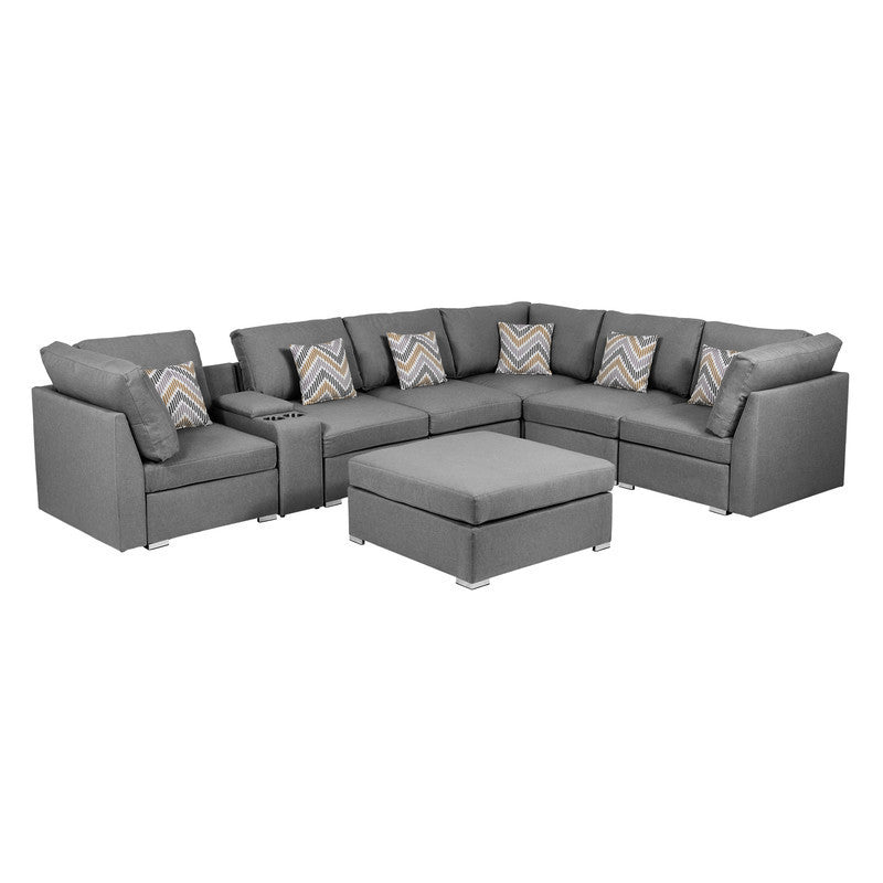 Gray Fabric Modular Sectional Sofa with USB Console and Ottoman