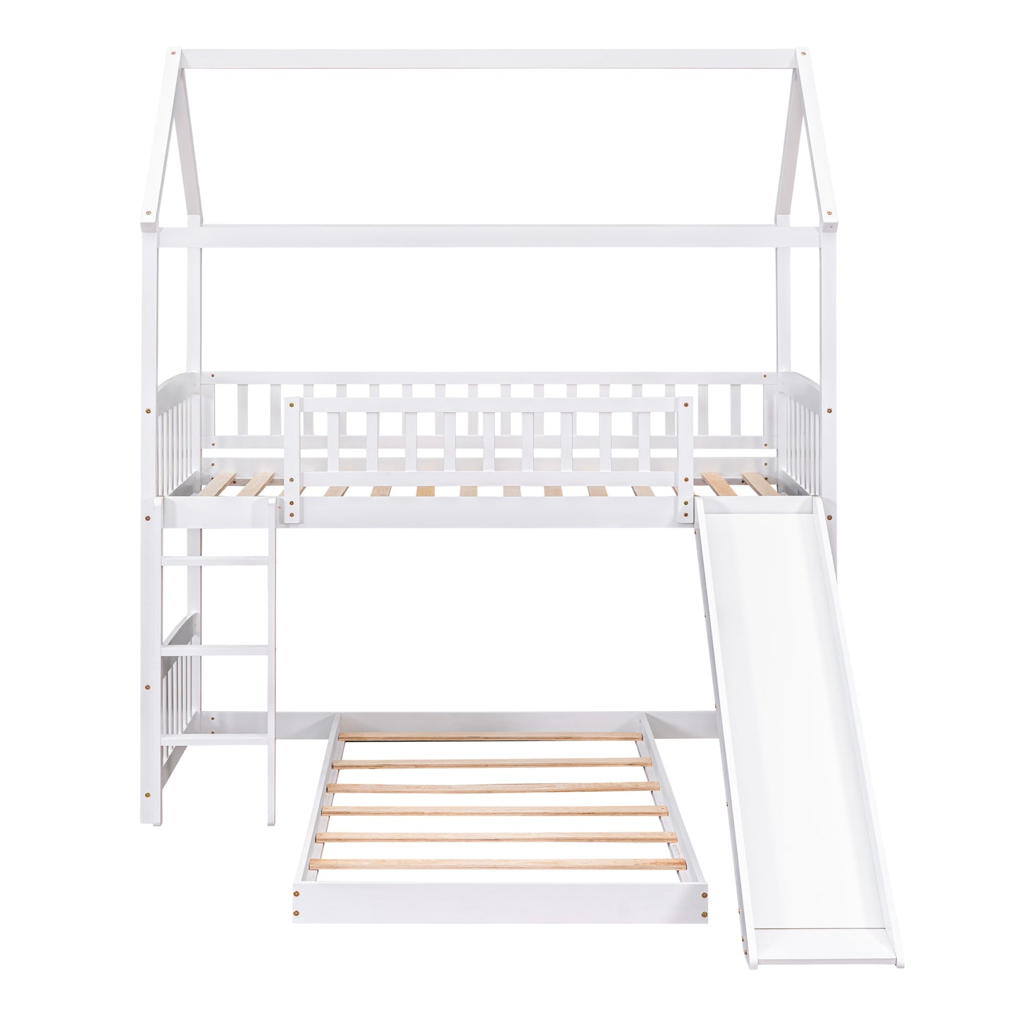 White Twin Over Twin Bunk Bed with Slide and Playhouse