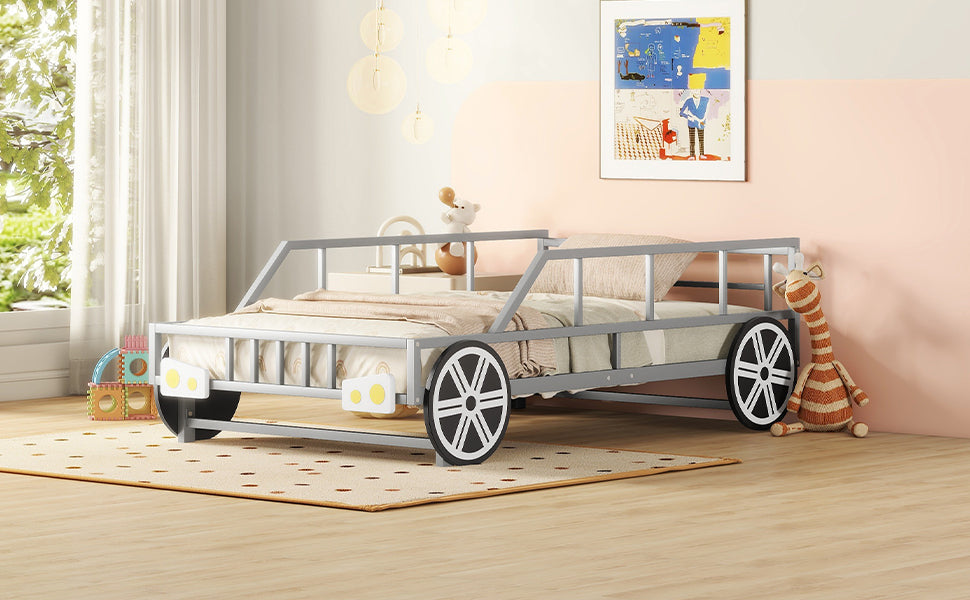 Metal Twin Size Car-shaped Platform Bed with Wheels and Headlights Decoration, Silver