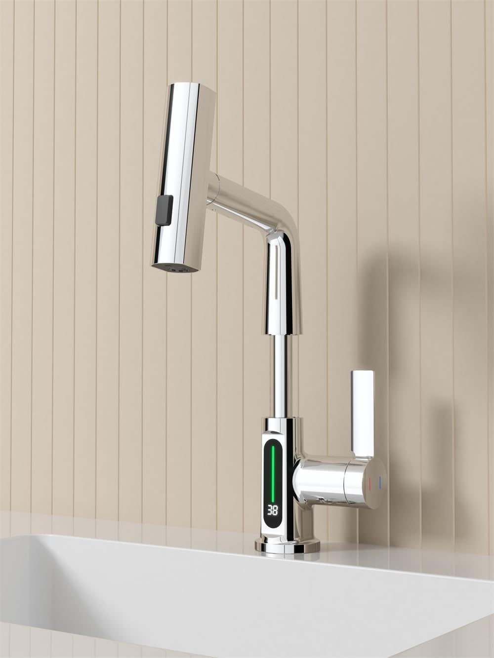 LED Temperature Display Basin Faucet with Pull-Out Lift and Waterfall Spout