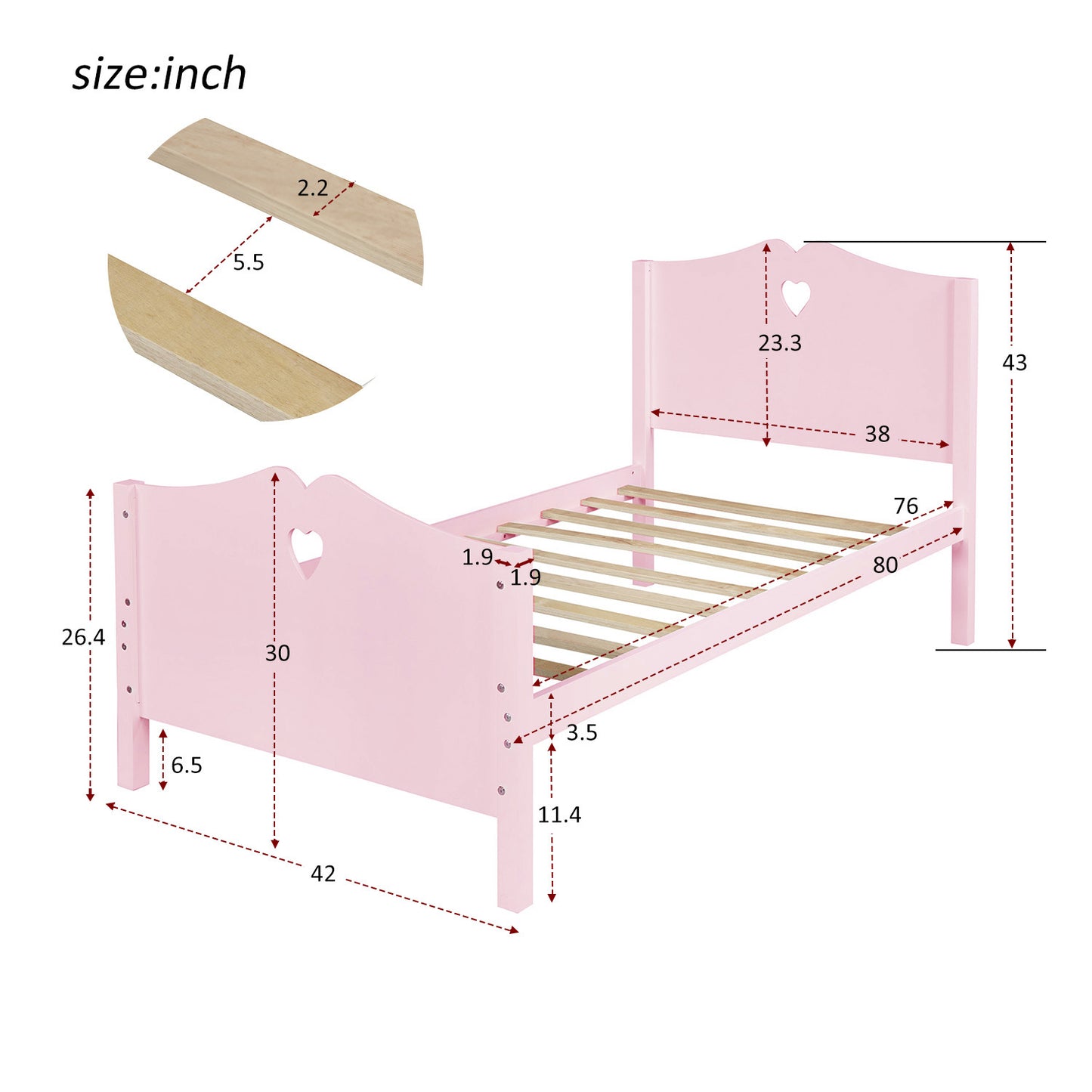 Twin Size Wood Platform Bed with Headboard,Footboard and Wood Slat Support  (Pink)