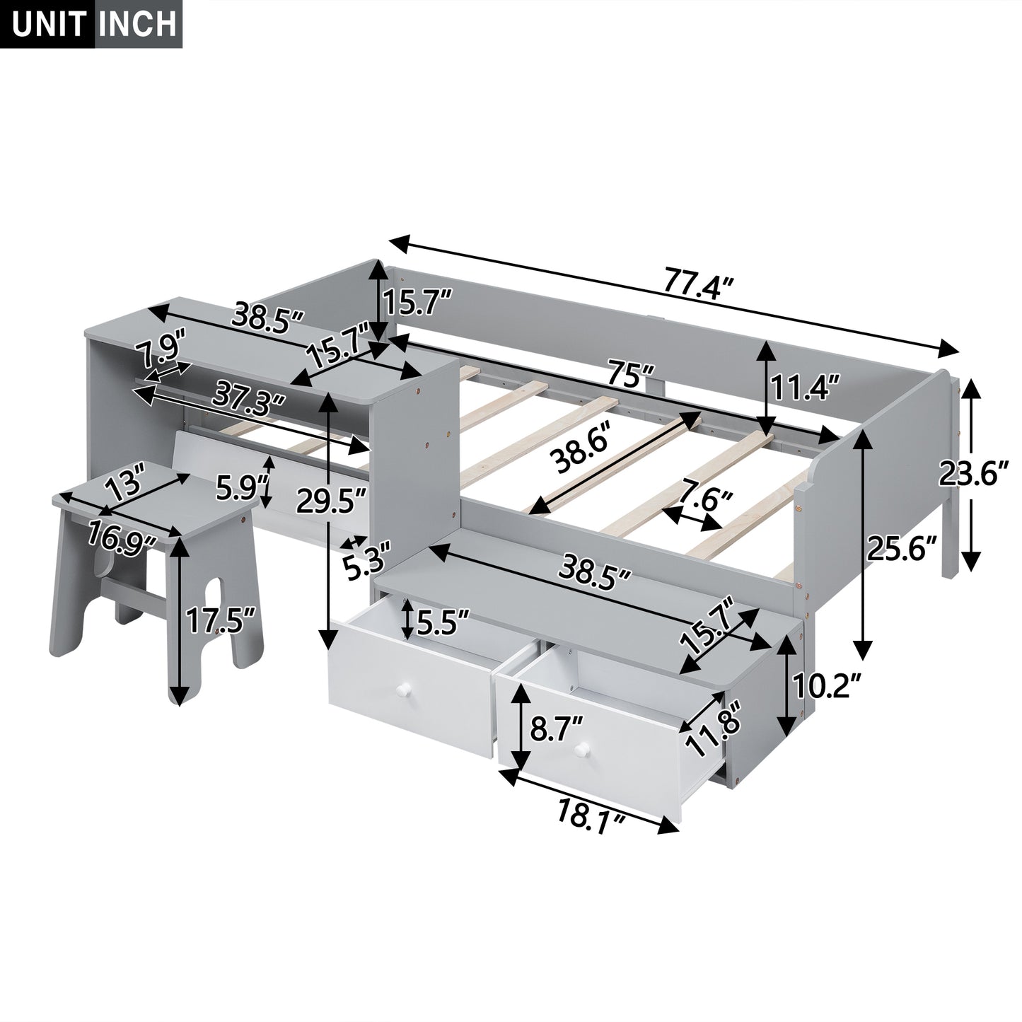 Wood Twin Size Platform Bed with 2 Drawers and 1 Chair&Desk Set, Gray+White