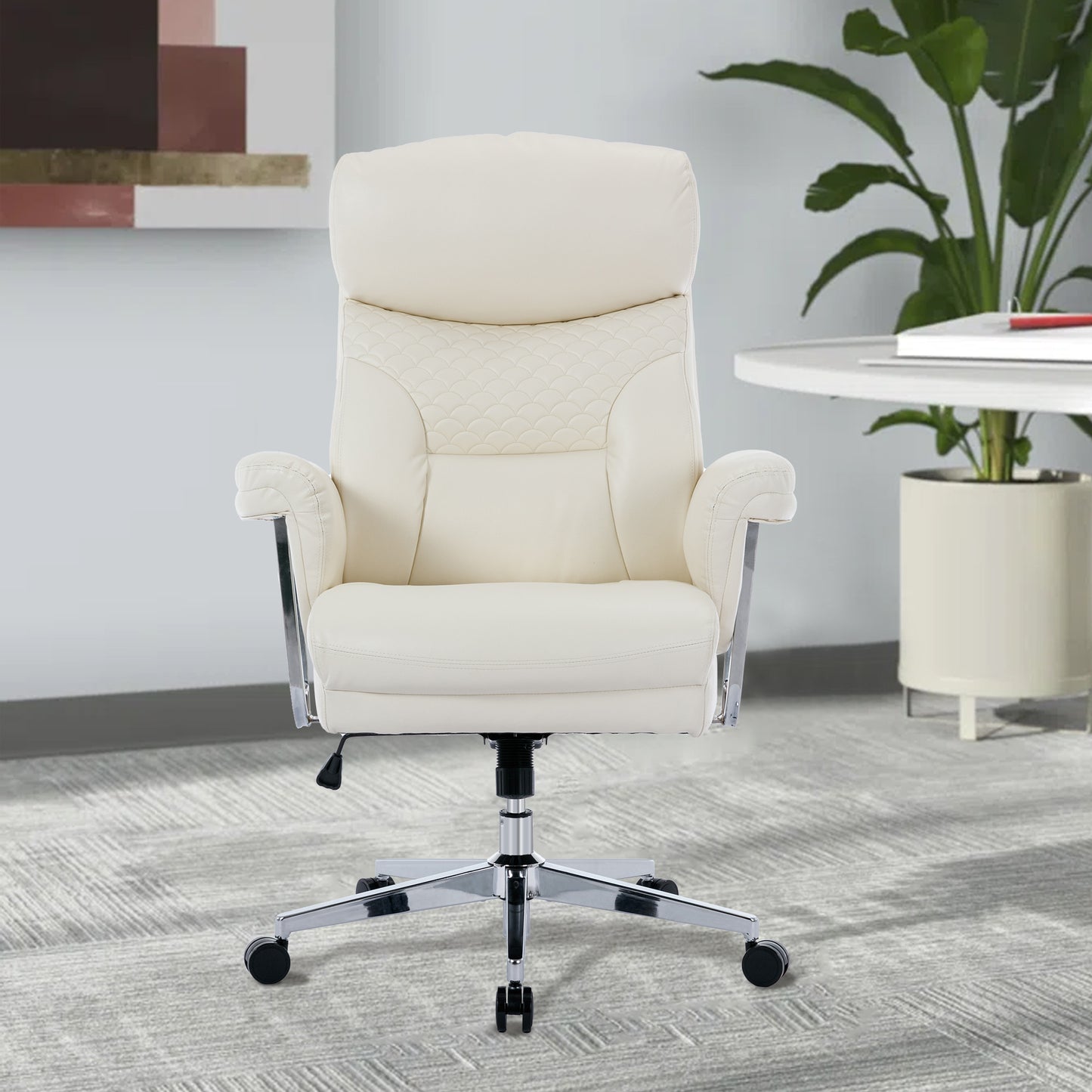 High Back Executive Office Chair 300lbs-Ergonomic Leather Computer Desk Chair , Thick Bonded Leather Office Chair for Comfort and Lumbar Support, Adjustable Rock Back Tension(white)