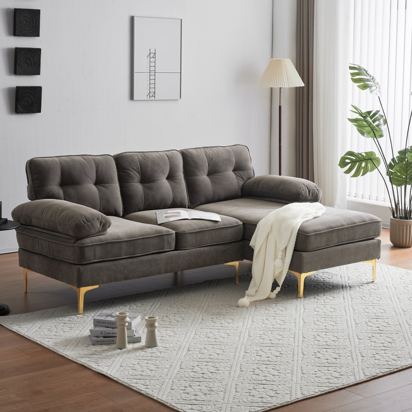 Luxurious Brown Velvet L-Shaped Modern Sectional Sofa for Living Room or Bedroom